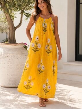 Yellow Floral Halter Maxi Dress for Kids